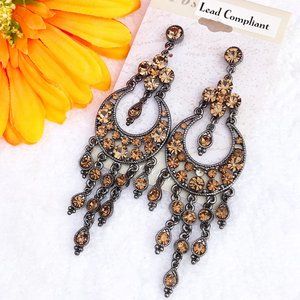 Boho Earrings Long Brown Rhinestone Drop Posts